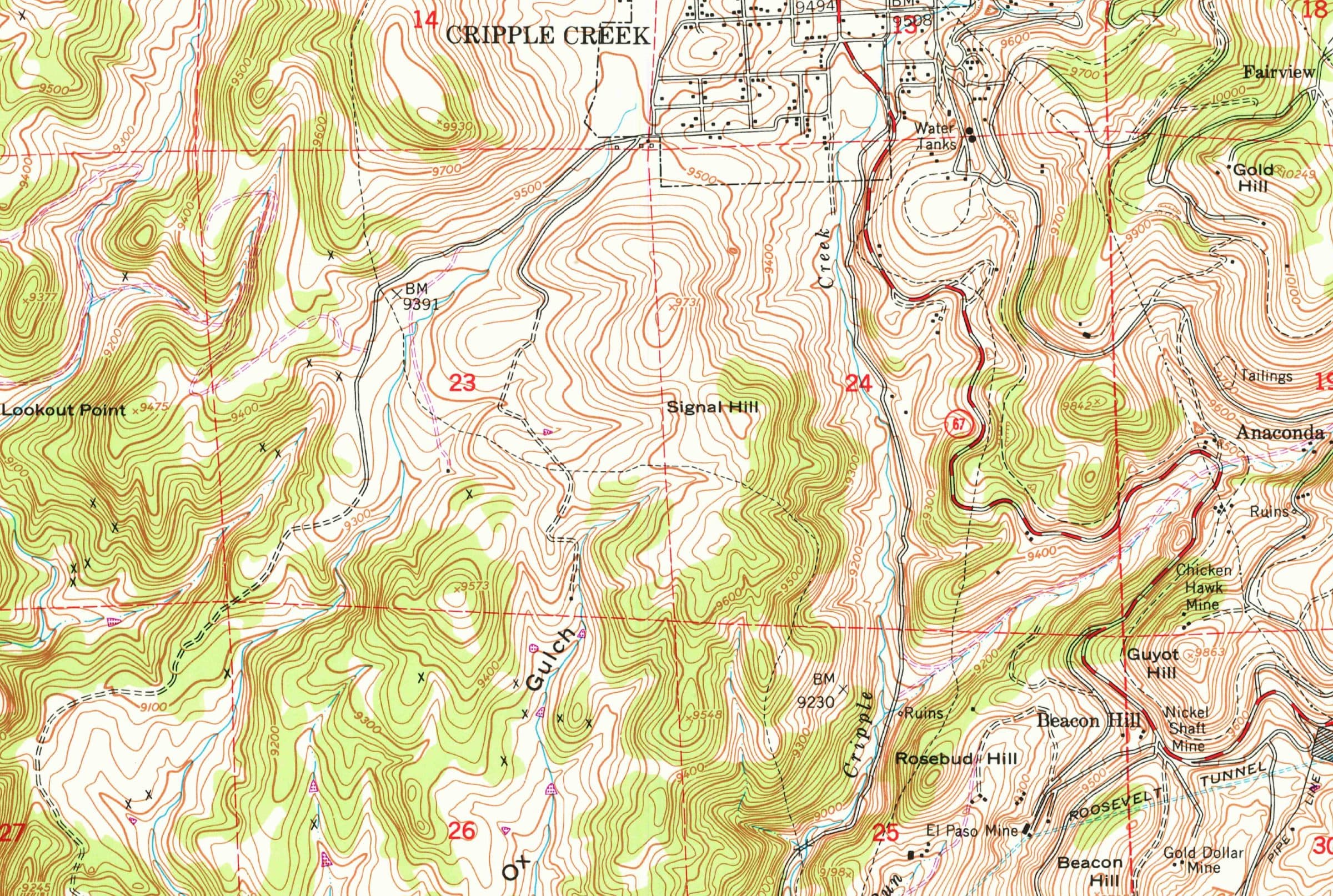 USGS topographic map of Cripple Creek, Colorado, 1951, showing Gold Hill, the Gold Dollar Mine and the Roosevelt Tunnel